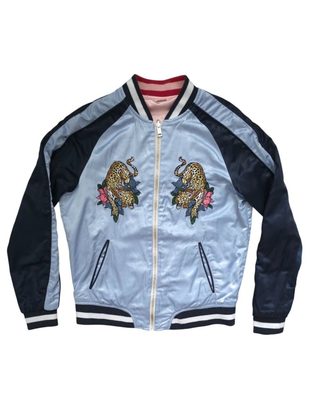 Guess Shirley Reversible Embroidered Tiger & Flamingo Satin Bomber Jacket Sz M - Picture 4 of 14